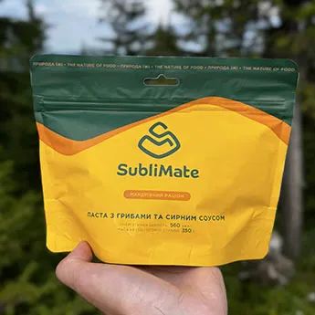 Готова страва SubliMate — паста з грибами Паста з грибами та сирним соусом SubliMate як готова страва для походів і подорожей