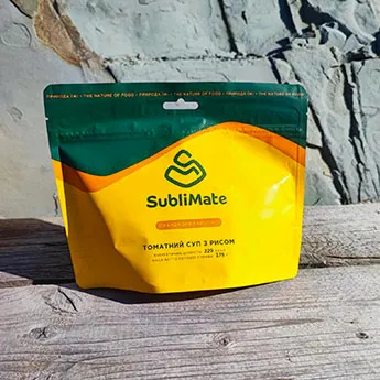 Готова страва SubliMate — томатний суп з рисом Томатний суп з рисом SubliMate як готова страва для походів і подорожей