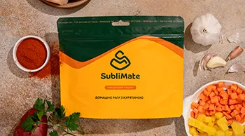 Сублімована їжа SubliMate з курятиною Сублімована їжа SubliMate — домашнє рагу з курятиною та натуральними складниками