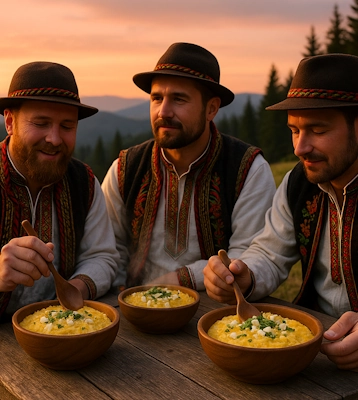 Гуцули з дерев’яними ложками їдять банош на природі, Карпати на заході сонця, національний одяг та автентична атмосфера