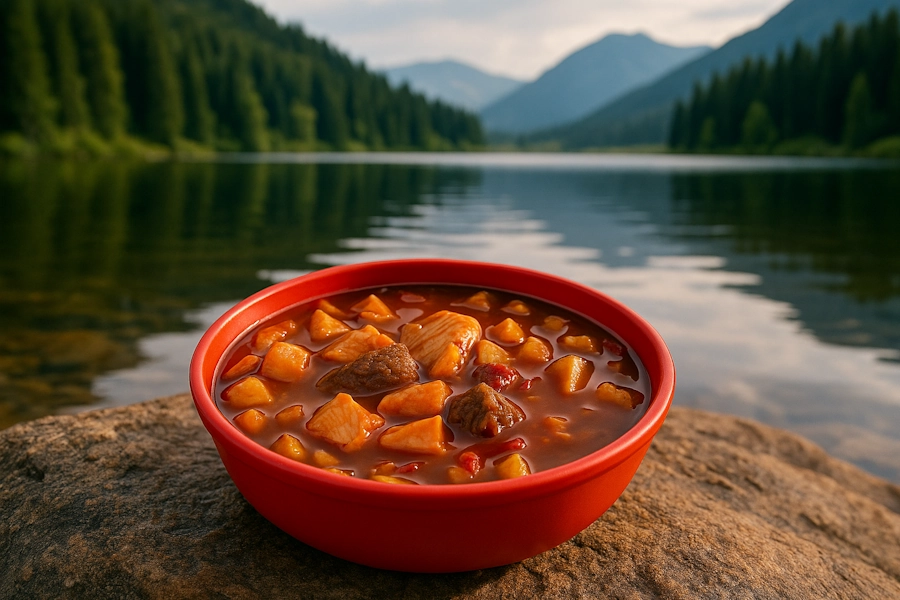 Суп бограч SubliMate з шматочками м’яса та картоплі на природі біля води.